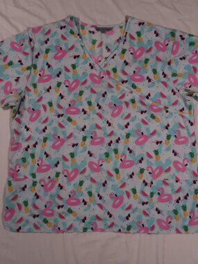Summer Flamingo, Pineapple & Watermelon Print Fabric - Turquoise Pink Scrubs